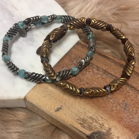 Woven metal Artesian bracelets BOHO with glass stones beautiful metal set of 2 - Picture 3 of 15